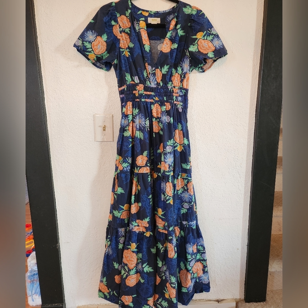 Anthropologie Somerset Maxi Dress Blue Orange Floral V Neck Smocked Waist Size S - Picture 2 of 8